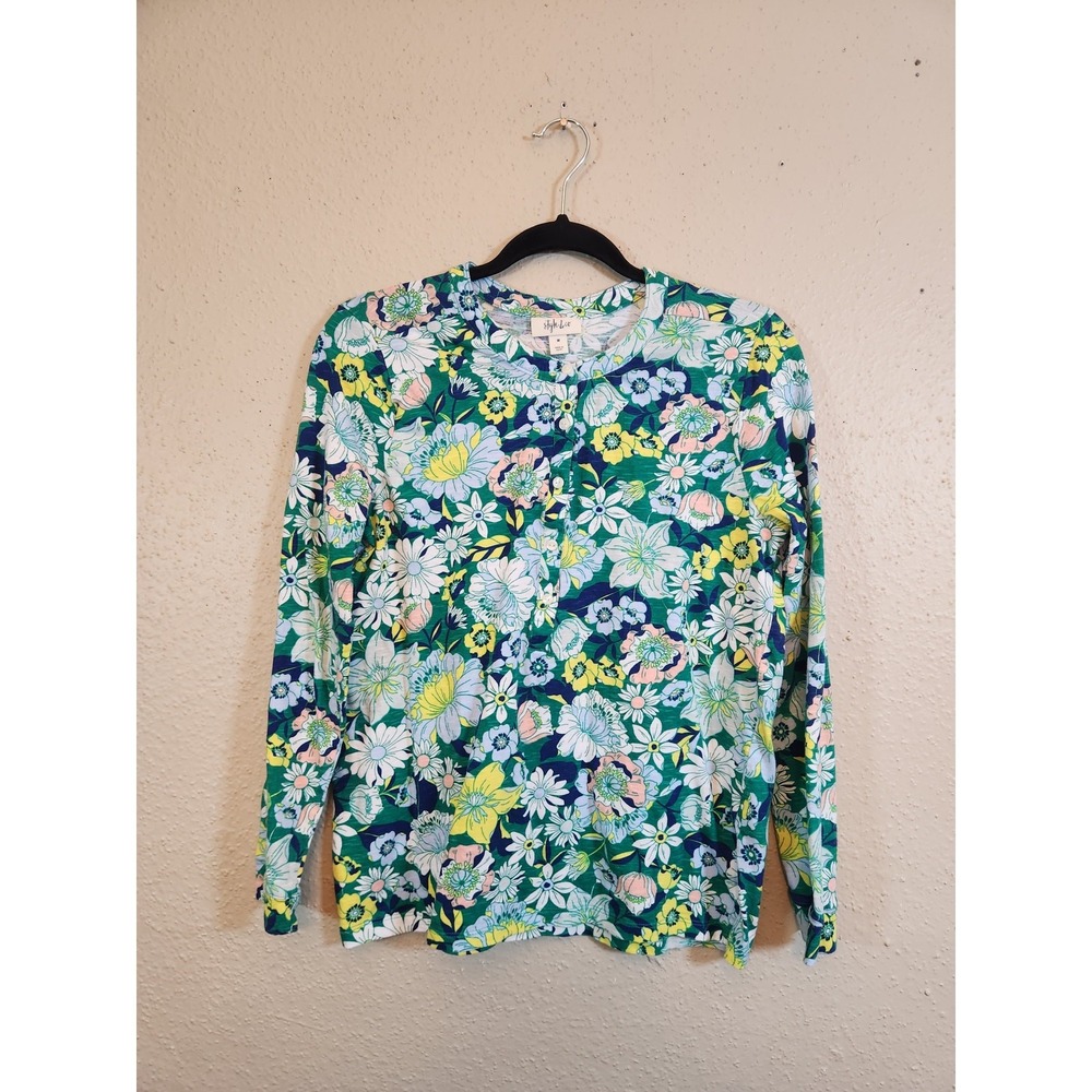 Style & Co Womens‎ Medium Green Floral Henley Top Long Sleeve Cotton Slub Knit